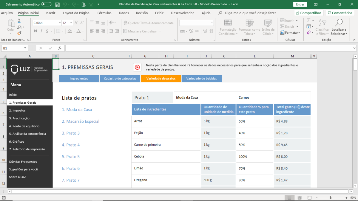 Planilha de Precificação de Restaurantes – A la Carte em Excel 3.0