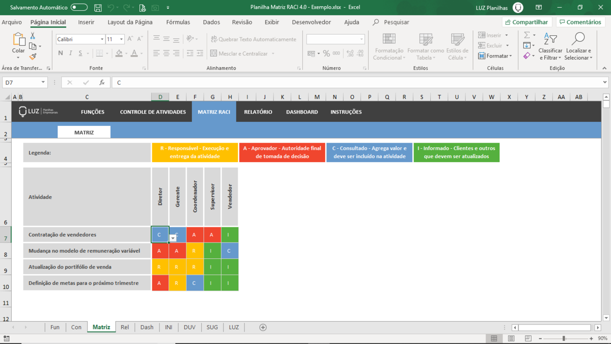 Planilha Matriz RACI de Responsabilidades em Excel 4.0