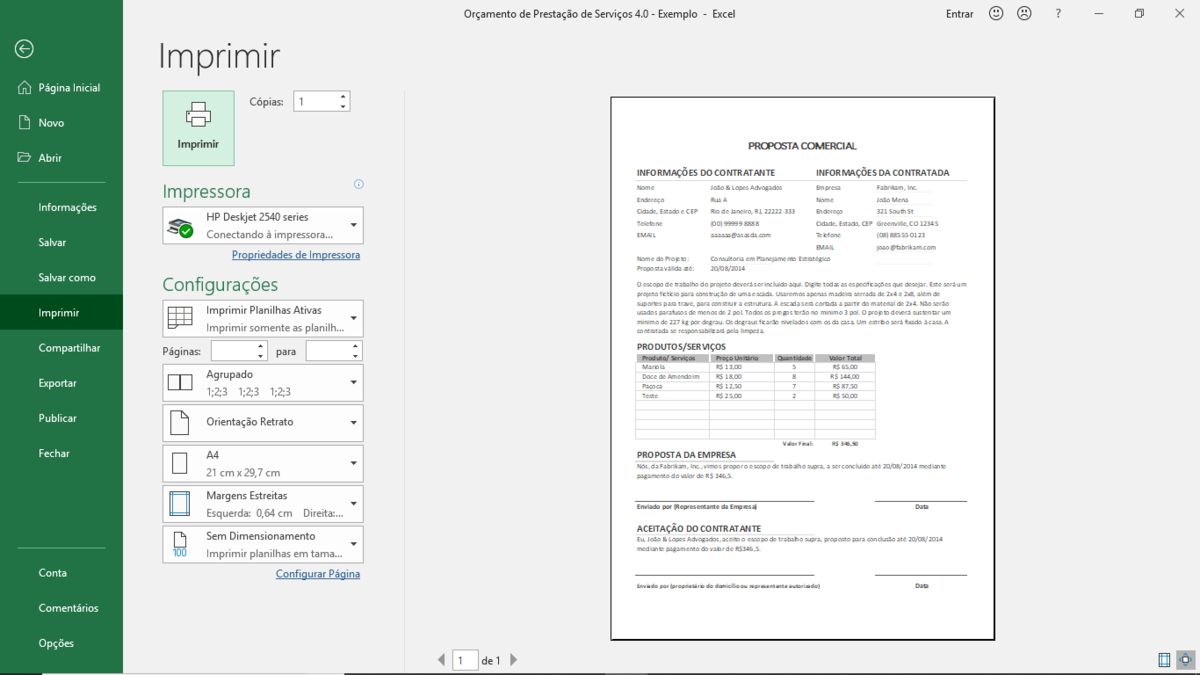 Planilha de Orçamento de Prestação de Serviços 4.0 em Excel