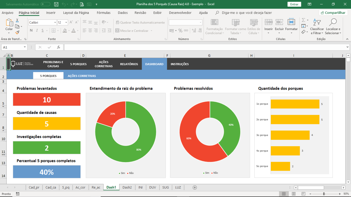 Planilha dos 5 Porques (Causa Raiz) em Excel 4.0