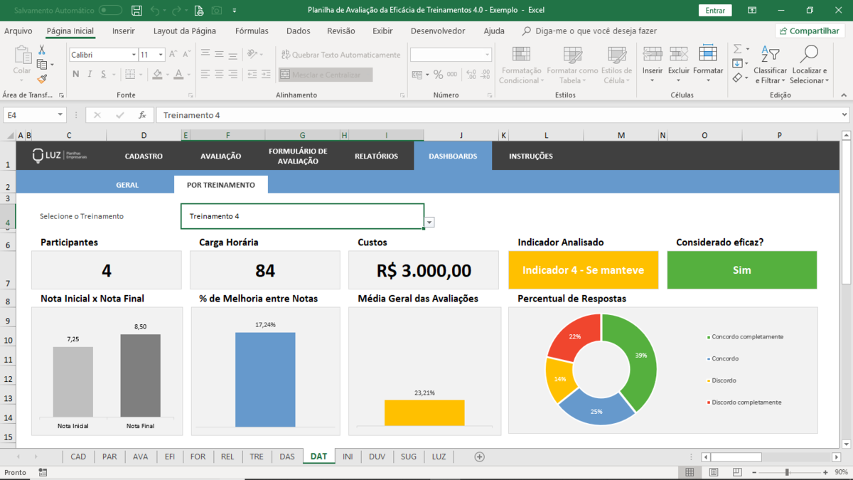 Planilha de Avaliação de Eficácia de Treinamentos em Excel 4.0