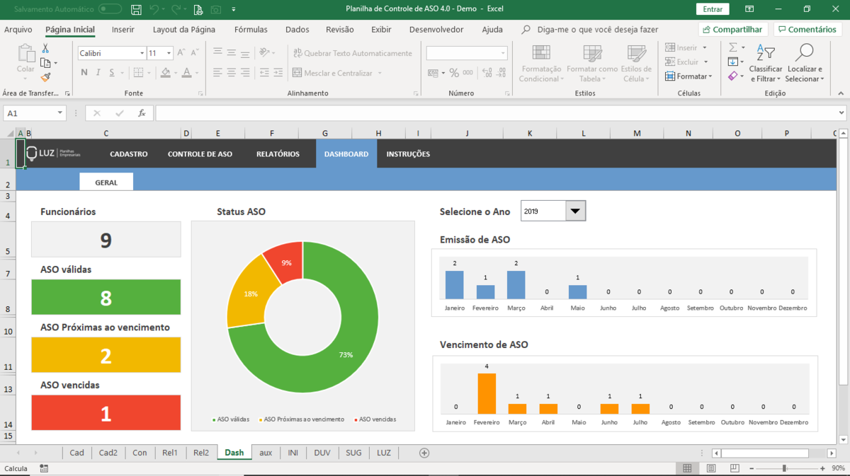 Planilha de Controle de ASO (Atestado de Saúde Ocupacional) em Excel 4.0