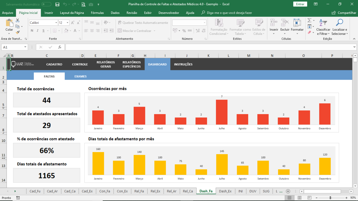 Planilha de Controle de Faltas e Atestados Médicos em Excel 4.0