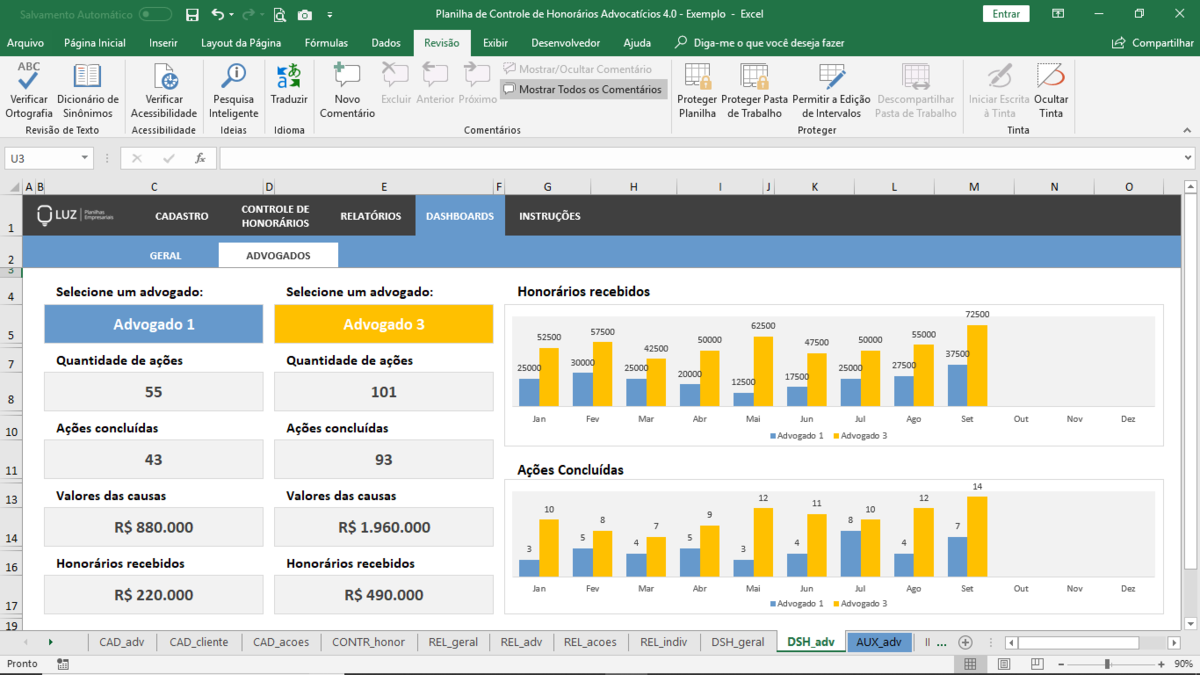 Planilha de Controle de Honorários Advocatícios em Excel 4.0