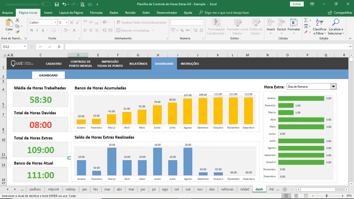 Planilha de Horas Extras com Banco de Horas em Excel 4.0