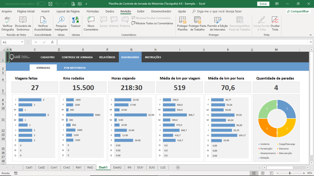 Planilha de Controle de Jornada do Motorista (Tacômetro) em Excel 4.0