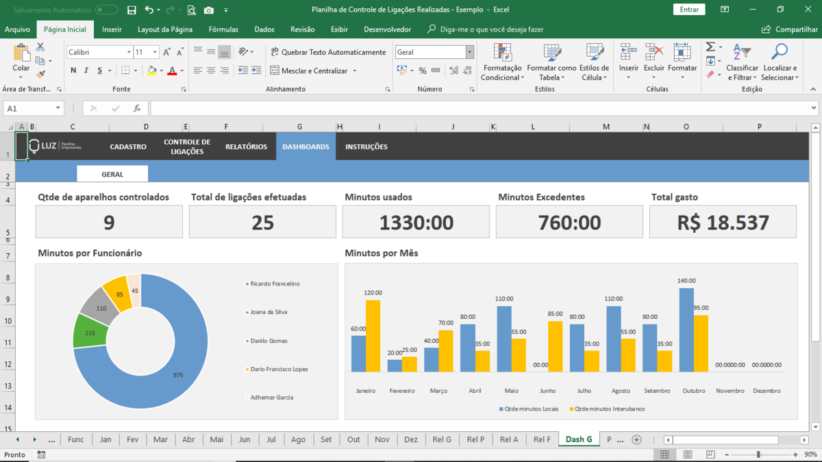Planilha de Controle de Ligações Realizadas em Excel 4.0