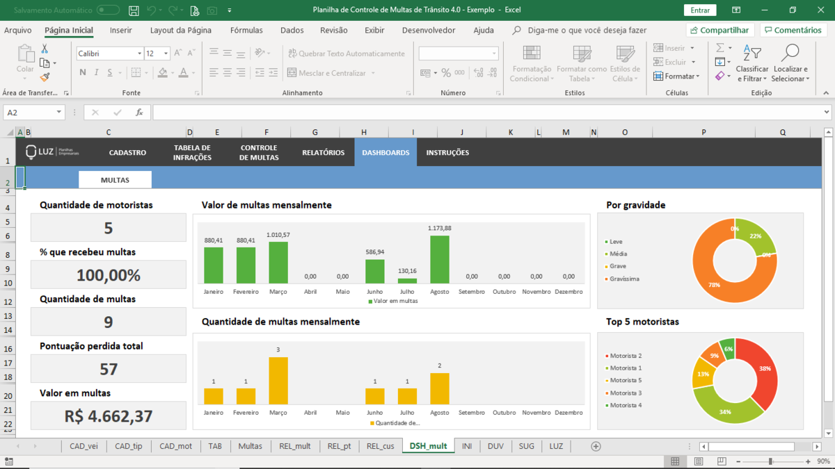 Planilha de Controle de Multas de Trânsito em Excel 4.0