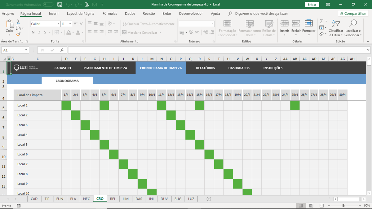 Planilha de Cronograma de Limpeza em Excel 4.0