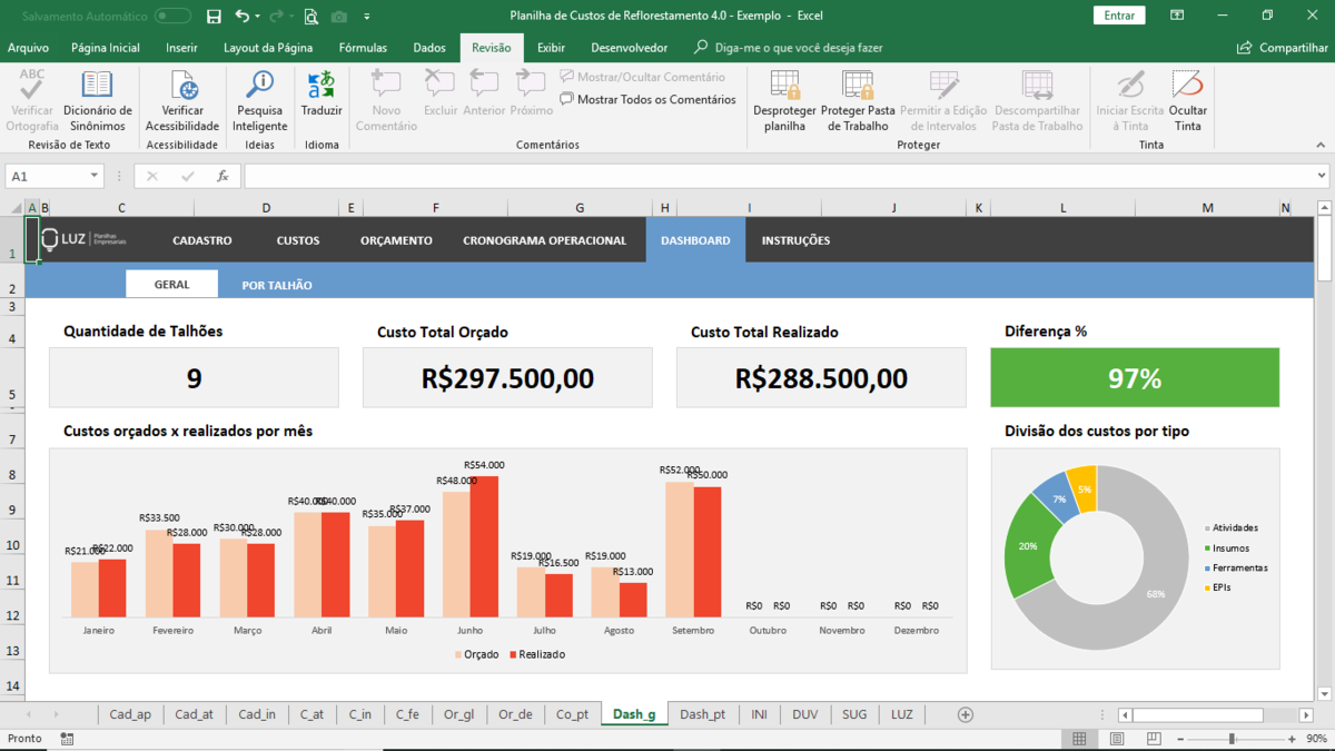 Planilha de Custos de Reflorestamento em Excel 4.0