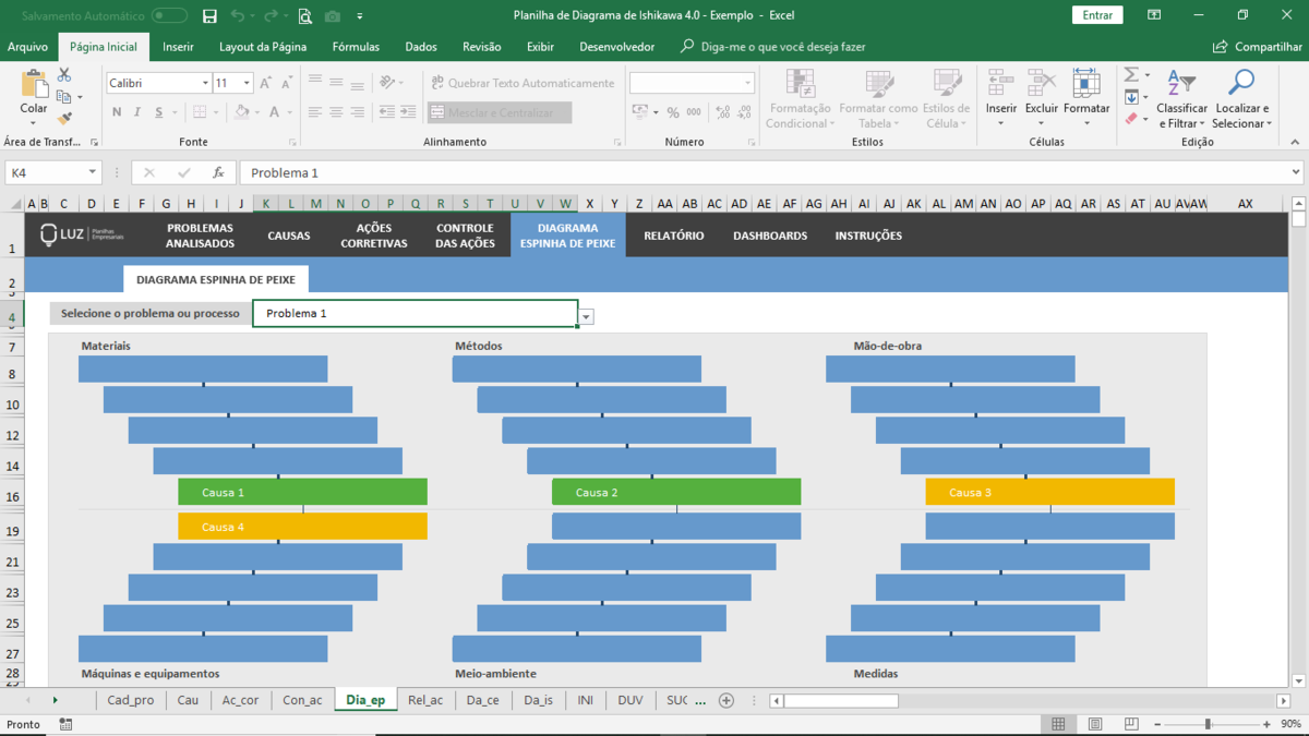 Planilha de Diagrama de Ishikawa (Causa e Efeito) em Excel 4.0