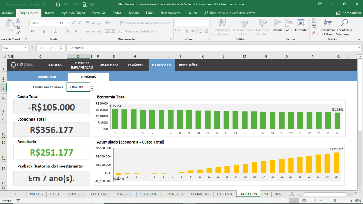 Planilha de Dimensionamento e Viabilidade de Sistema Fotovoltaico em Excel 4.0