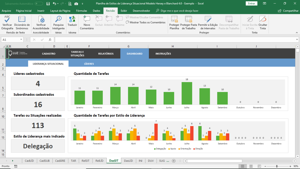 Planilha de Estilos de Liderança Situacional Modelo de Hersey e Blanchard em Excel 4.0