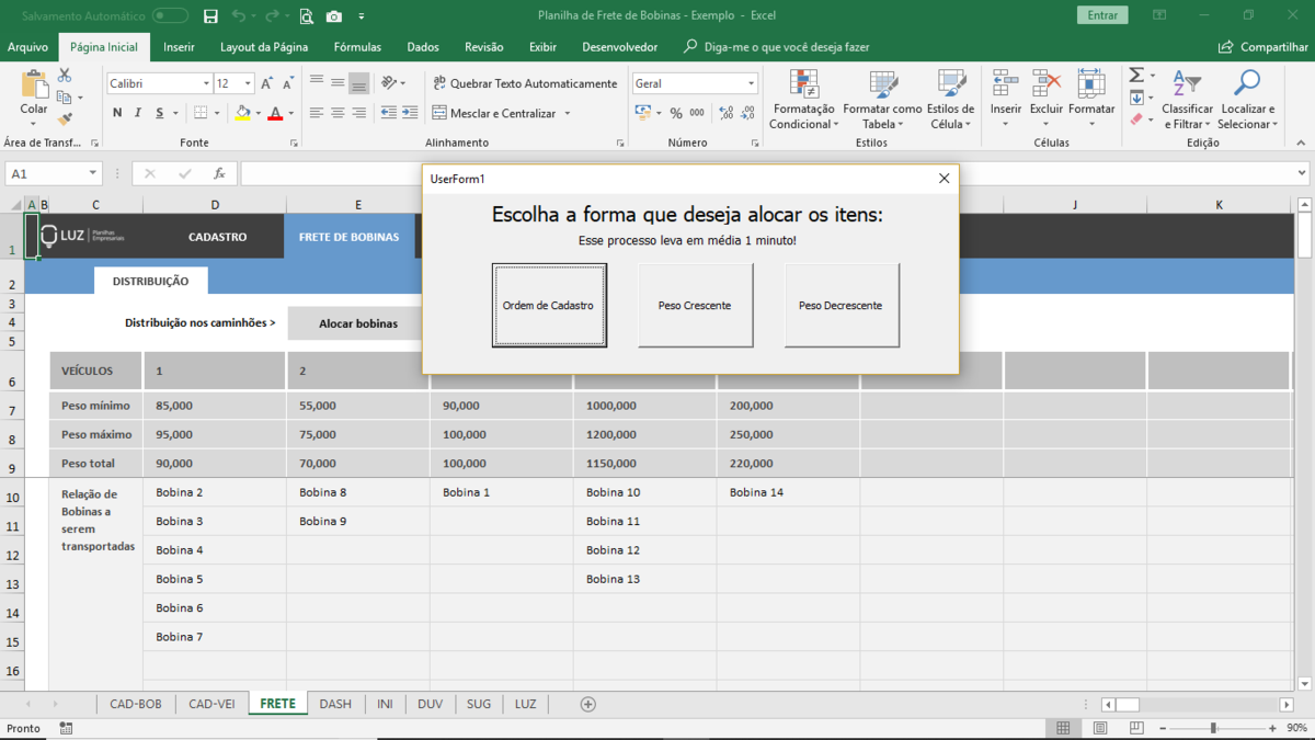 Planilha de Frete de Bobinas em Excel 4.0