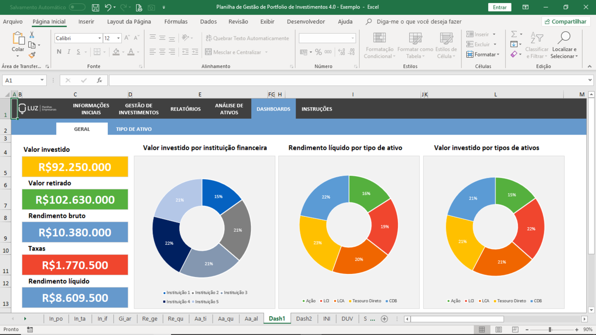 Planilha de Gestão de Portfolio de Investimentos em Excel 4.0