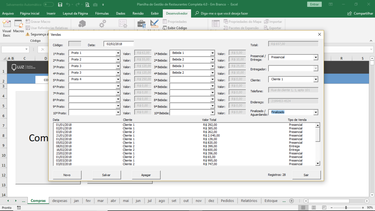 Planilha de Gestão e Custos de Restaurantes em Excel 4.0