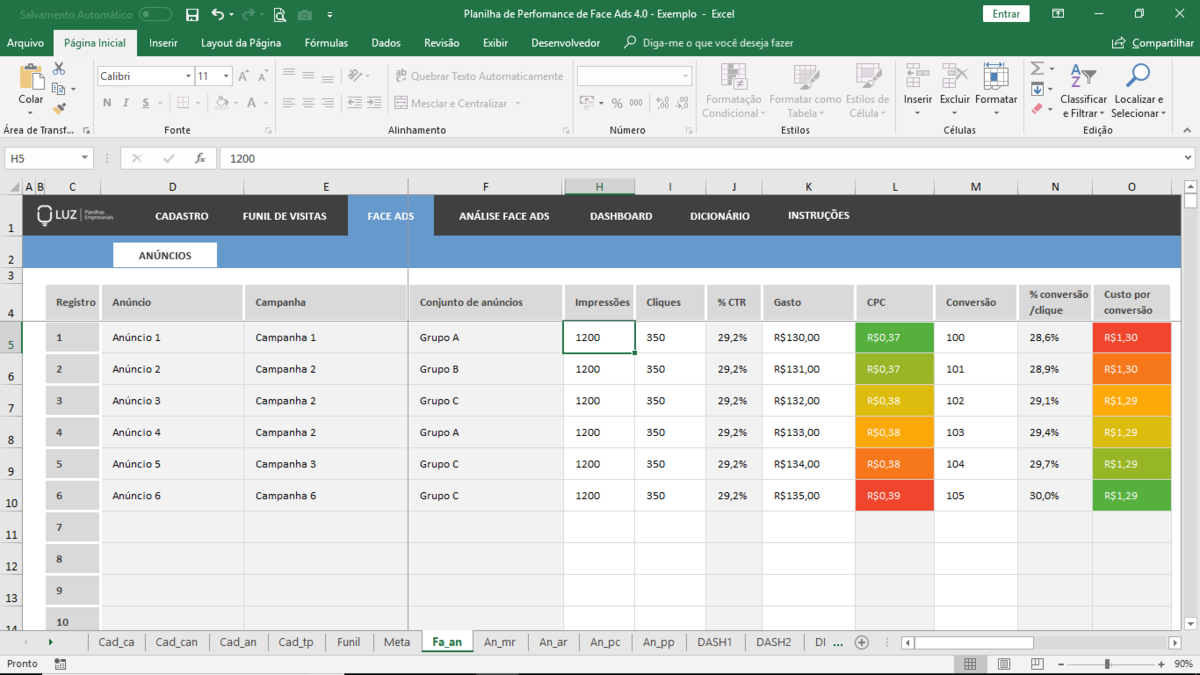 Planilha de Performance de Facebook Ads em Excel 4.0