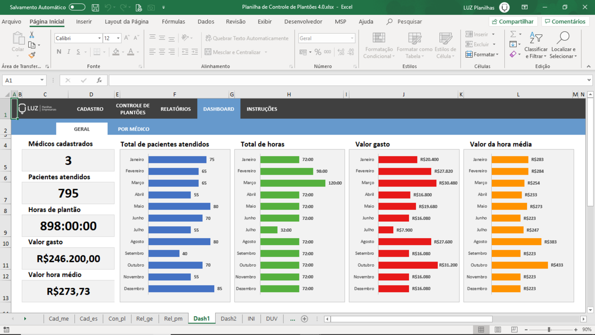 Planilha de Controle de Plantões Médicos em Excel 4.0