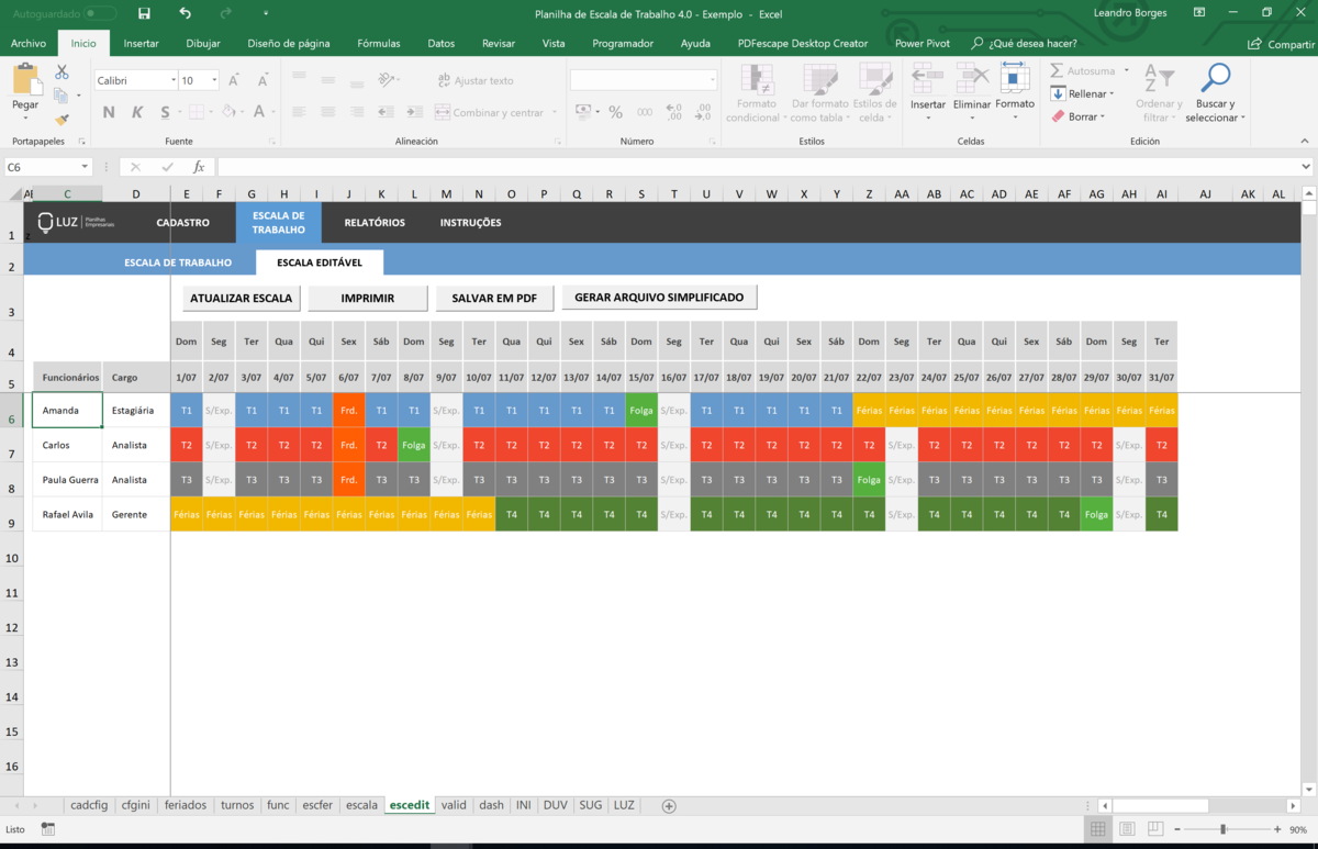 Planilha de Escala de Trabalho em Excel 4.0