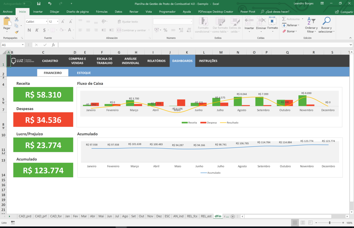 Planilha de Gestão de Posto de Combustível em Excel 4.0