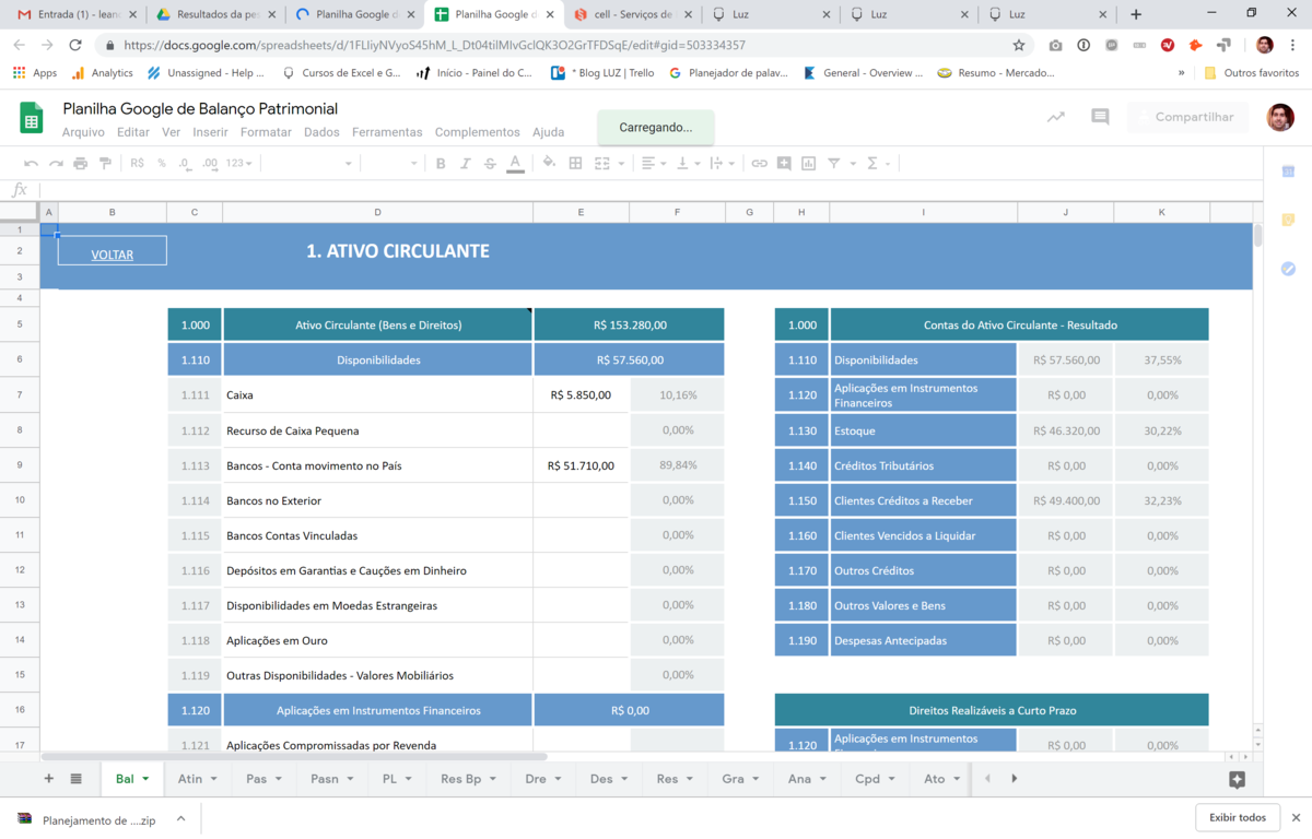 Planilha Google de Balanço Patrimonial