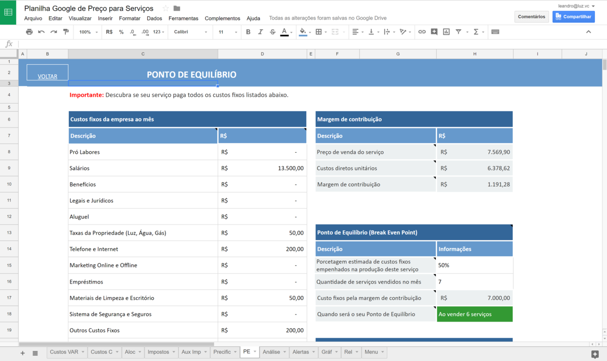 Planilha Google de Precificação de Serviços