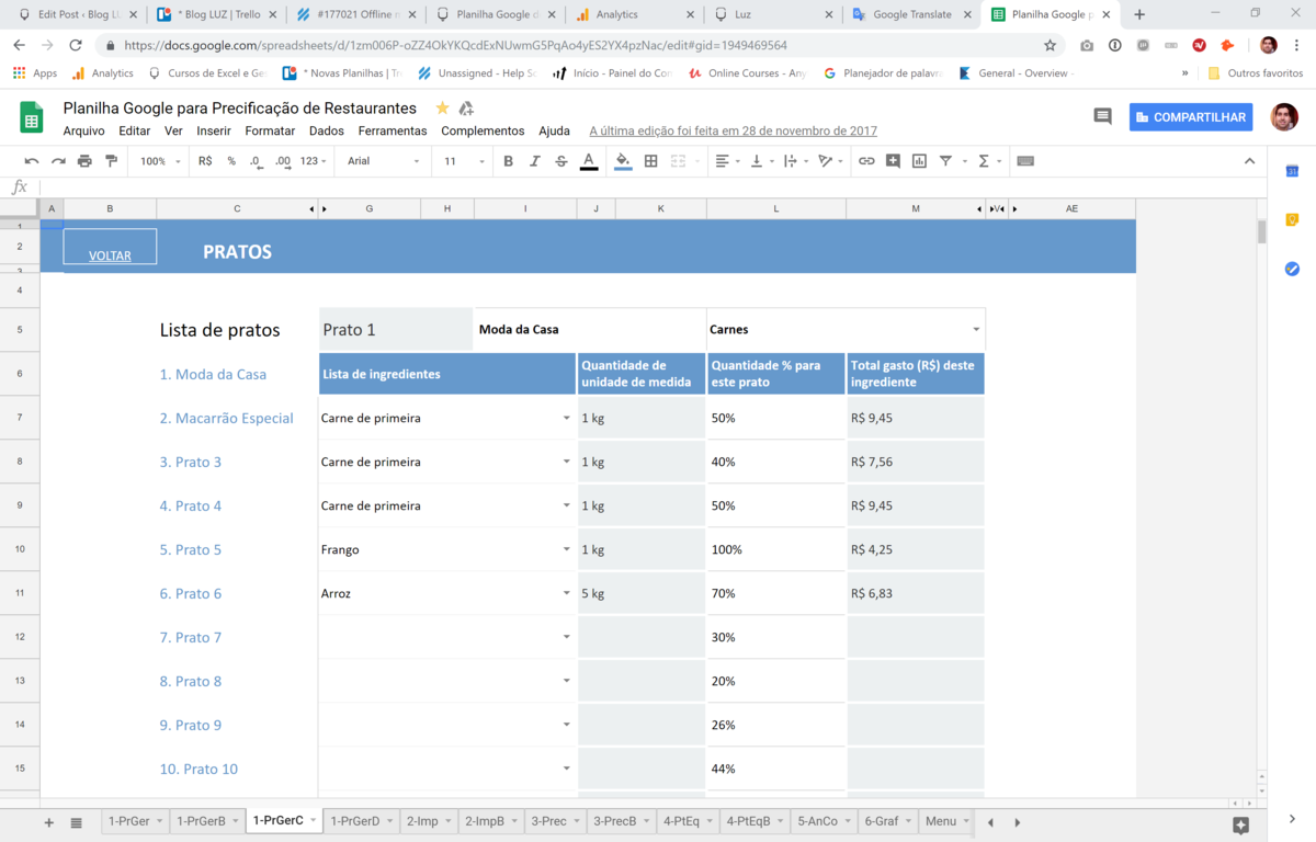 Planilha Google de Custos e Preços para Restaurantes