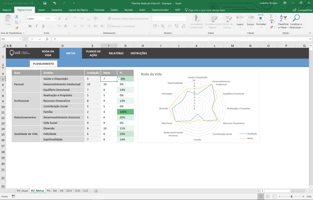 Planilha Roda da Vida Coaching em Excel