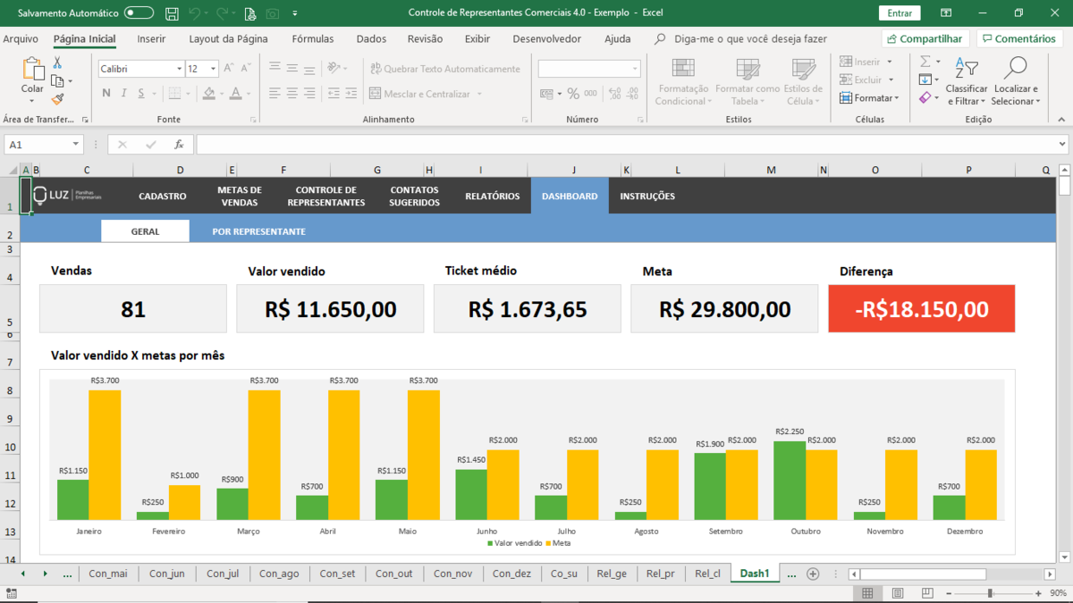 Planilha de Controle para Representantes Comerciais em Excel 4.0