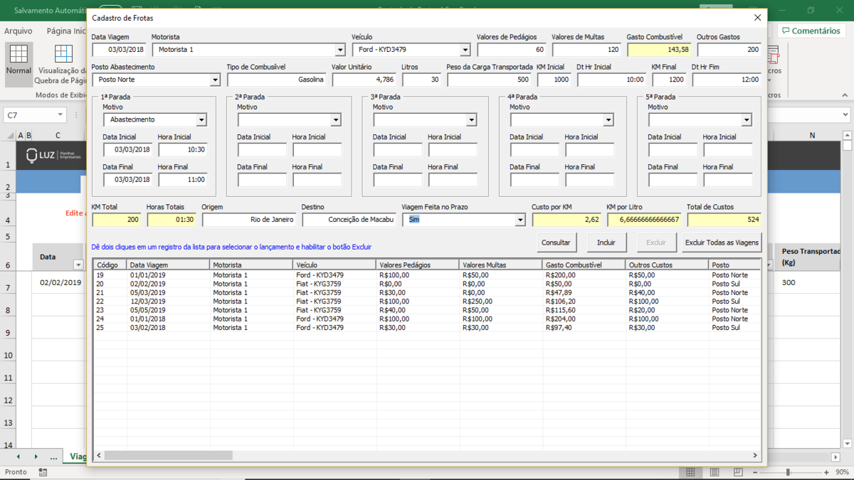 Sistema De Controle De Frotas Completo Em Excel 4 0 P 5213