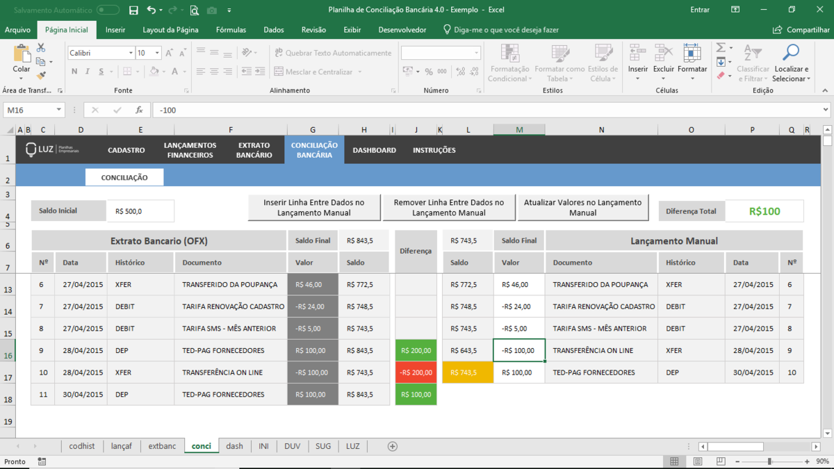 Planilha de Conciliação Bancária em Excel 4.0