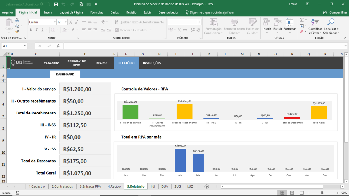 Planilha de Modelo de Recibo de RPA em Excel 4.0