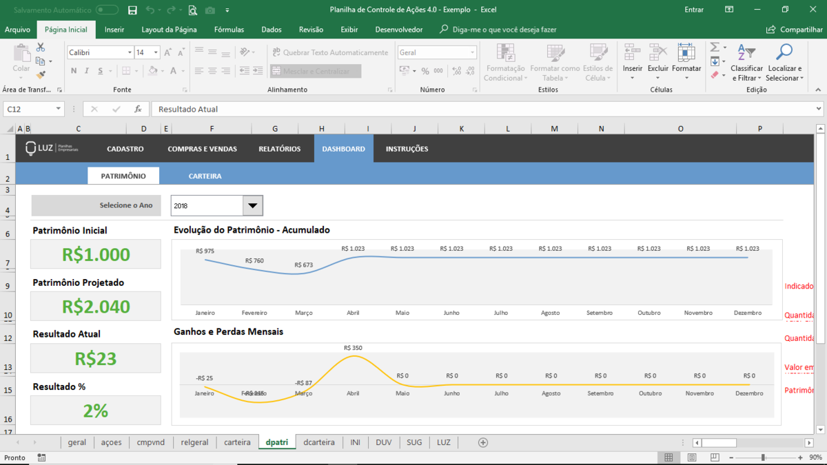 Planilha de Controle de Ações para Investidores em Excel 4.0