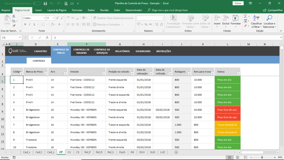 Planilha de Controle de Pneus em Excel 4.0