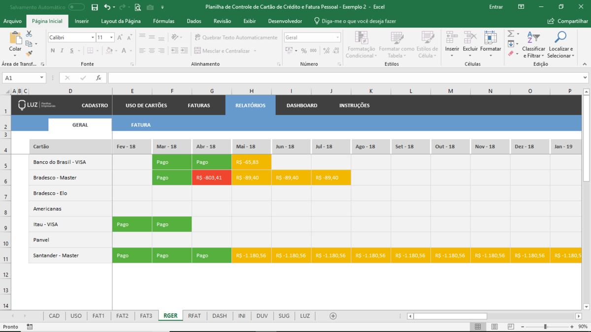 Planilha de Controle de Cartão de Crédito e Fatura Pessoal em Excel 4.0