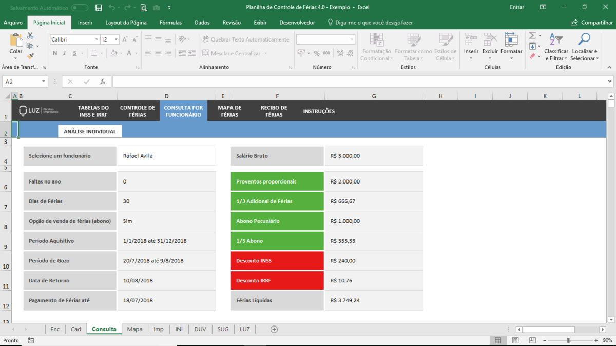 Planilha de Controle de Férias em Excel 4.0