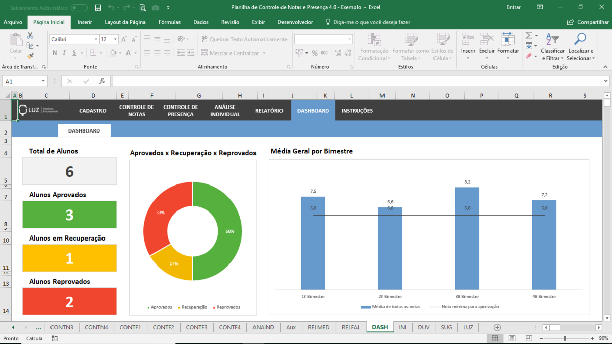 Planilha de Controle de Notas e Presença em Excel 4.0